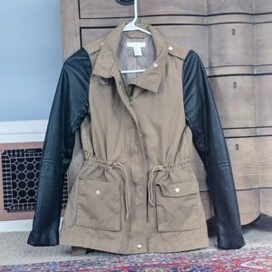 Khaki Anorak with Leather Sleeves